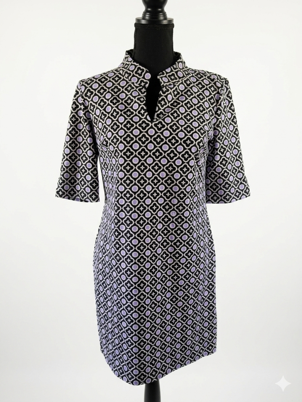 Talbots Black & Lavender Geometric Notch-Collar Mini Dress